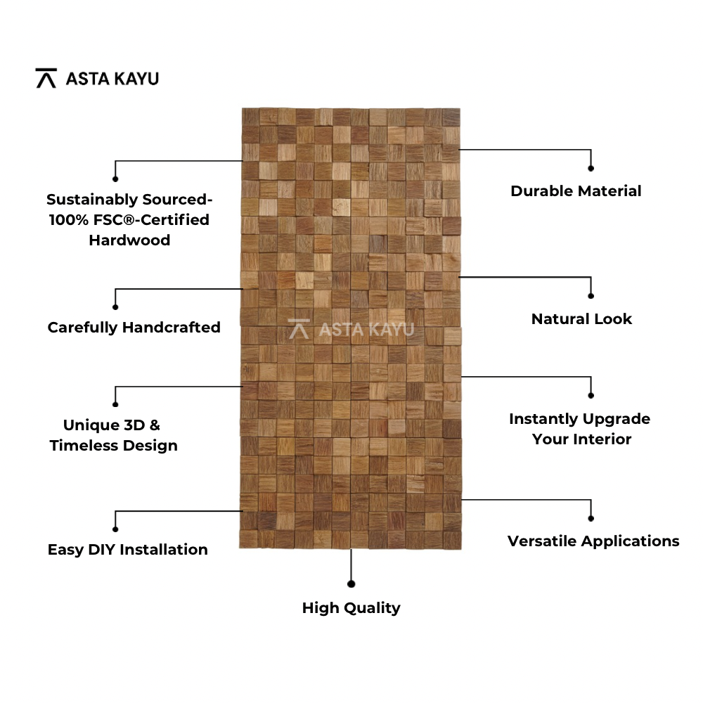 Bromo 3D Premium Houten Wandpanelen – FSC Meranti Houten Wandbekleding – Bruin Kubus Mozaïek Wanddecoratie voor Interieur 360 x 360 mm (8 stuks / 1 m² per doos)