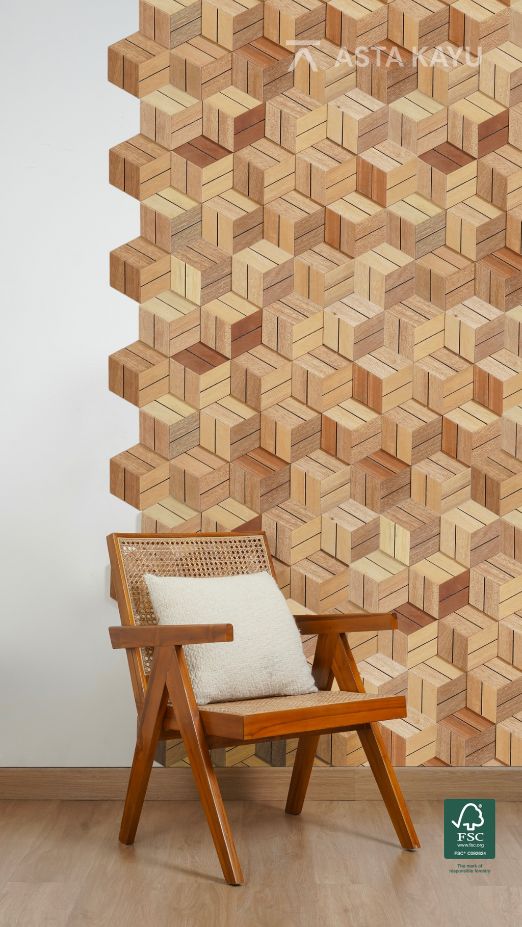 Hexa Kayu 3D Premium Houten Wandpanelen – FSC Meranti Houten Wandbekleding – Naturel Hexagon Wanddecoratie voor Interieur 180 × 207,8 mm (18 stuks / 0,5 m² per doos)