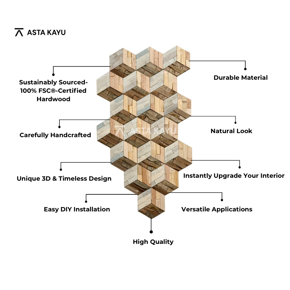Hexa Rustic 3D Premium Houten Wandpanelen – FSC Meranti Houten Wandbekleding – Rustieke Hexagon Wanddecoratie voor Interieur 180 × 207,8 mm (18 stuks / 0,5 m² per doos)