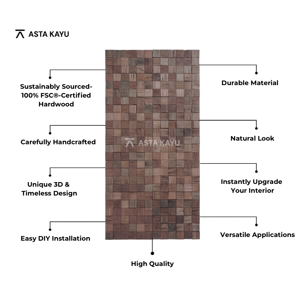 Merapi 3D Premium Houten Wandpanelen – FSC Meranti Houten Wandbekleding – Donkerbruin Kubus Mozaïek Wanddecoratie voor Interieur 360 x 360 mm (8 stuks / 1 m² per doos)