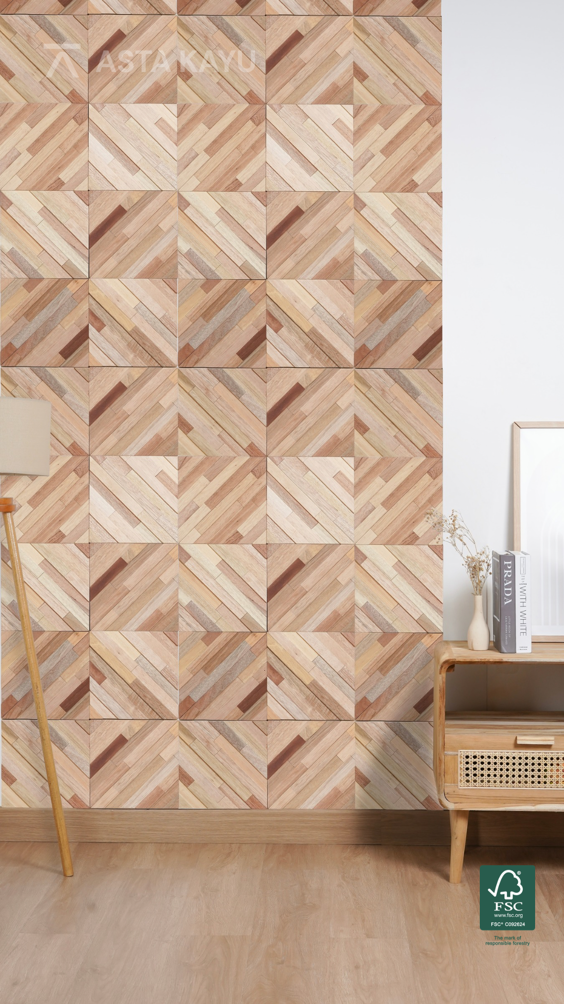 Rhombus Natural 3D Premium Houten Wandpanelen – FSC Meranti Houten Wandbekleding – Naturel Geometrische Wanddecoratie voor Interieur 254.56 x 254.56 mm (8 stuks / 0,5 m² per doos)