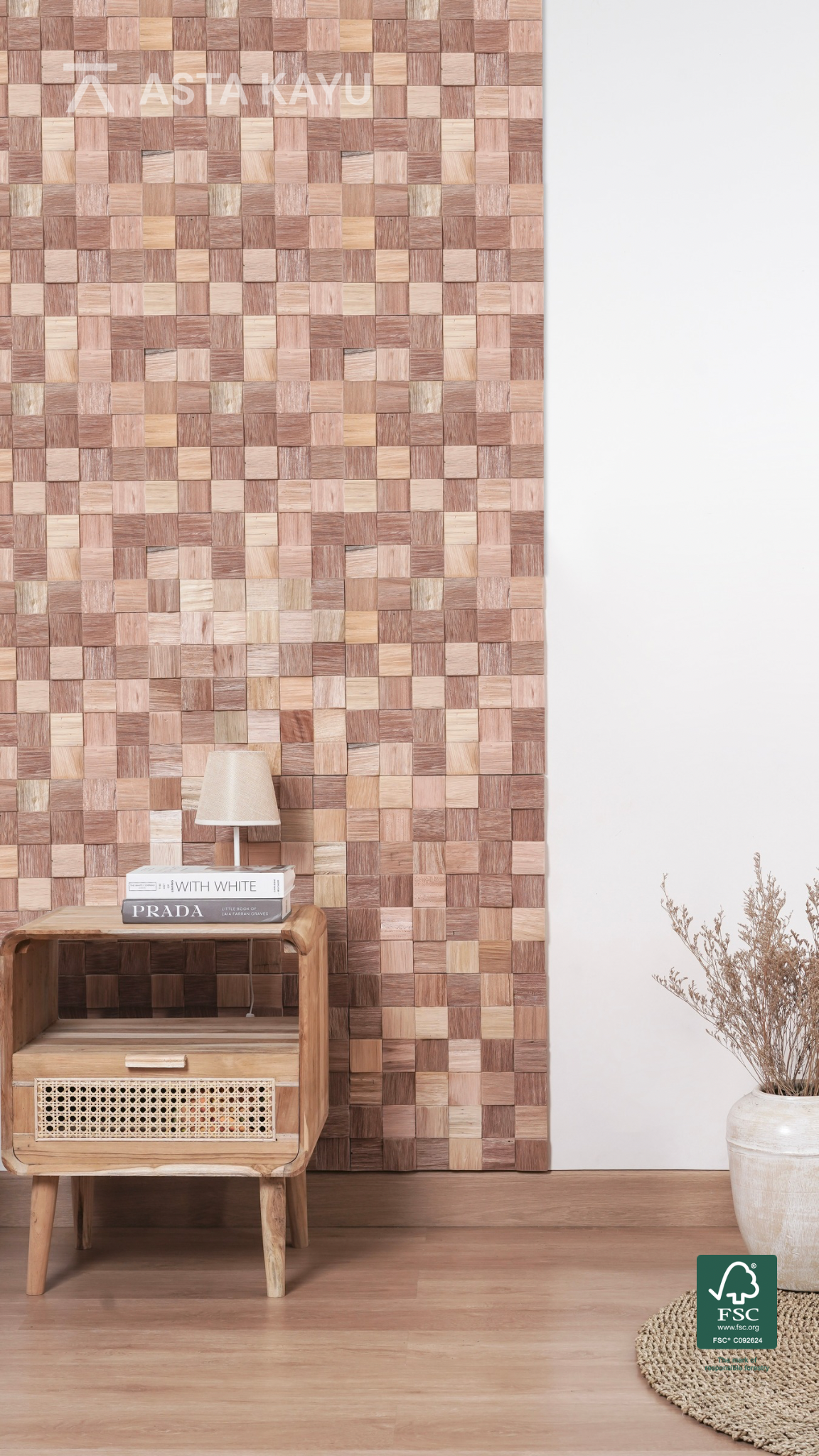 Rinjani 3D Premium Houten Wandpanelen – FSC Meranti Houten Wandbekleding – Lichtbruin Kubus Mozaïek Wanddecoratie voor Interieur 360 x 360 mm (8 stuks / 1 m² per doos)