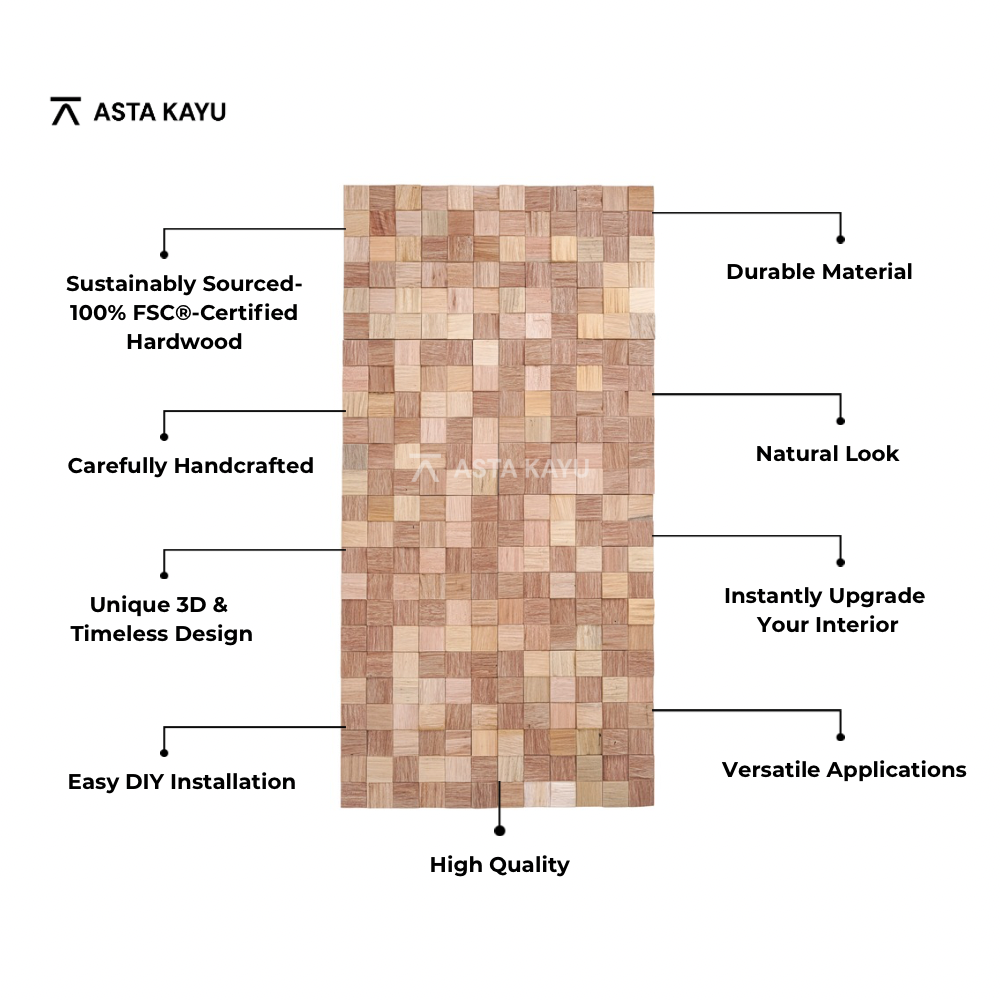 Rinjani 3D Premium Houten Wandpanelen – FSC Meranti Houten Wandbekleding – Lichtbruin Kubus Mozaïek Wanddecoratie voor Interieur 360 x 360 mm (8 stuks / 1 m² per doos)